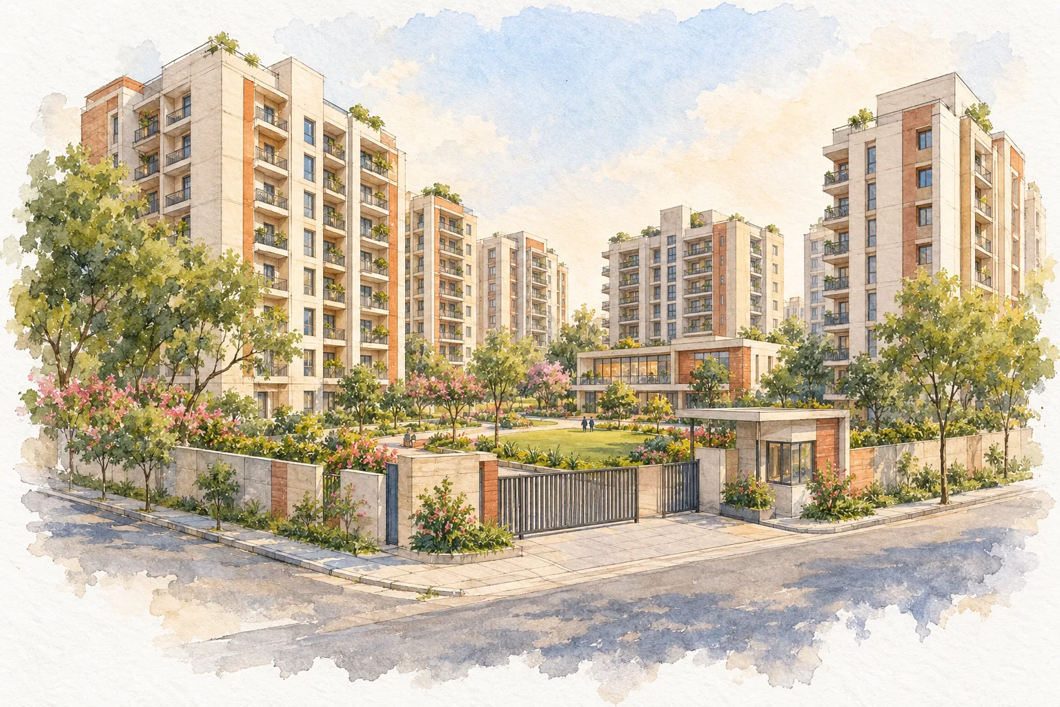 Watercolour illustration of DLF ONE Midtown (not the actual project)