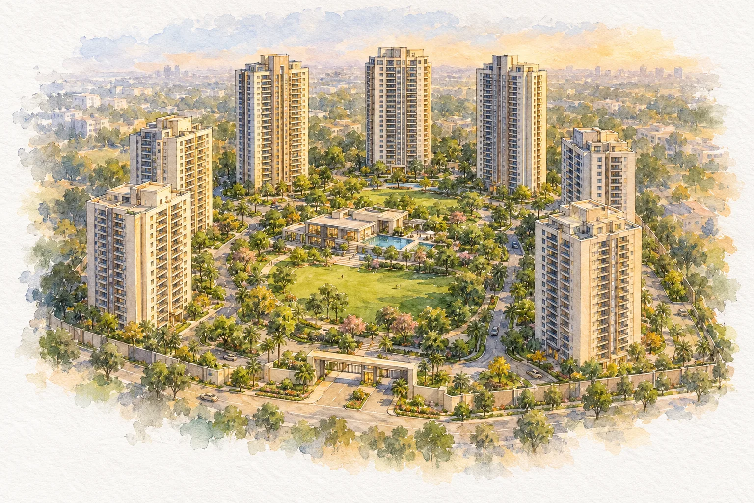Watercolour illustration of DLF Privana South (not the actual project)