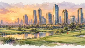 Watercolour illustration of glass towers at sunset beyond a golf course green