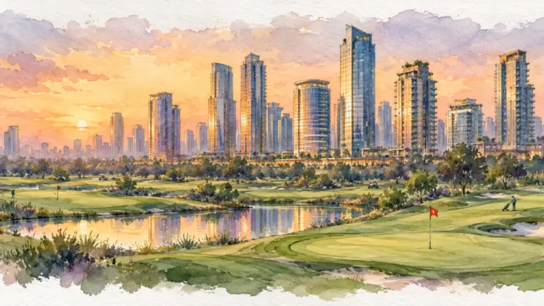 Watercolour illustration of glass towers at sunset beyond a golf course green