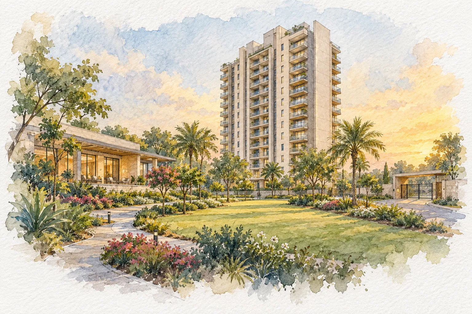 Watercolour illustration of DLF Royalton Towers (not the actual project)