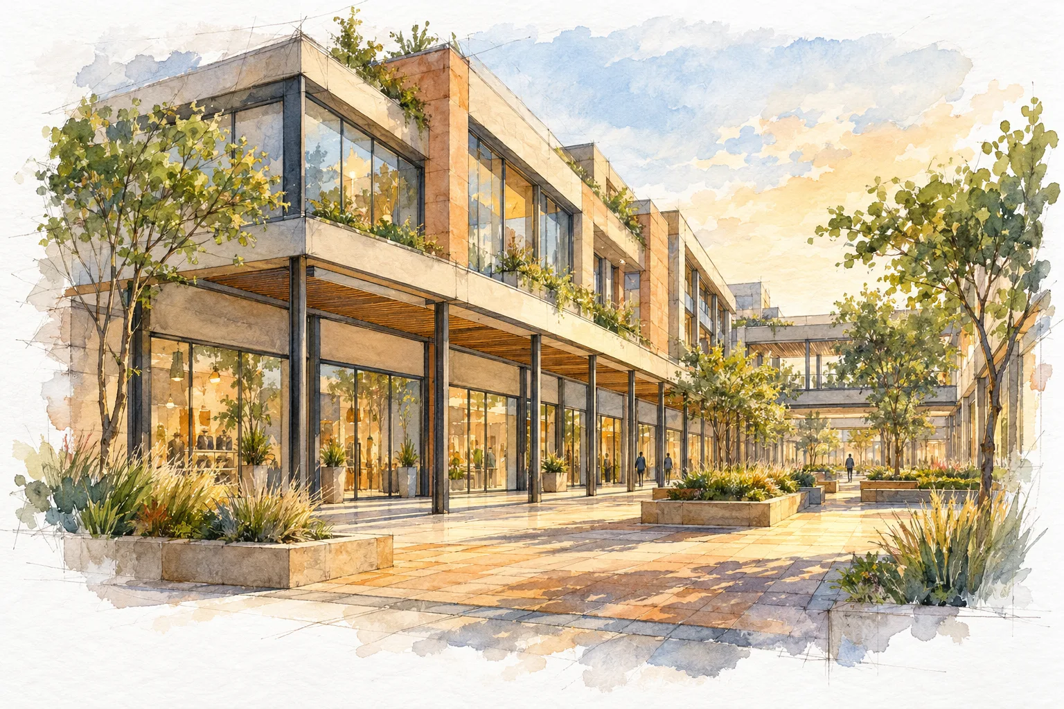 Watercolour illustration of DLF South Point Mall (not the actual project)