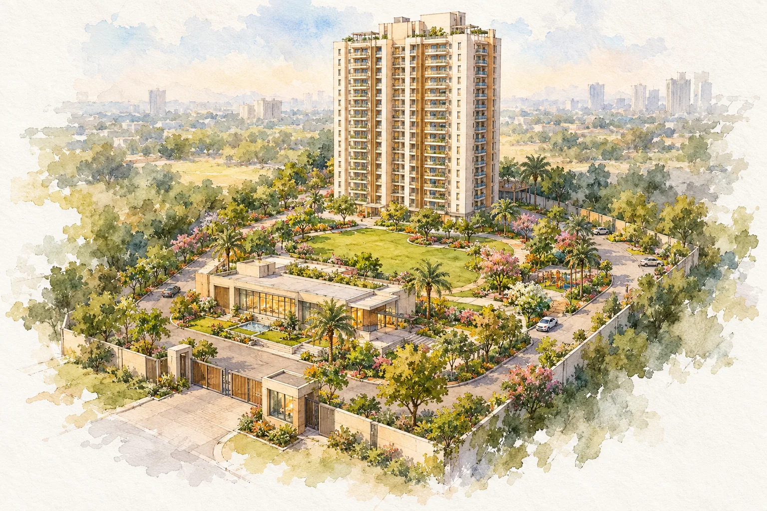Watercolour illustration of DLF The Aureva (not the actual project)
