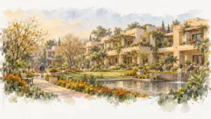 Watercolour illustration of a luxury residence with a garden, water feature and strolling residents