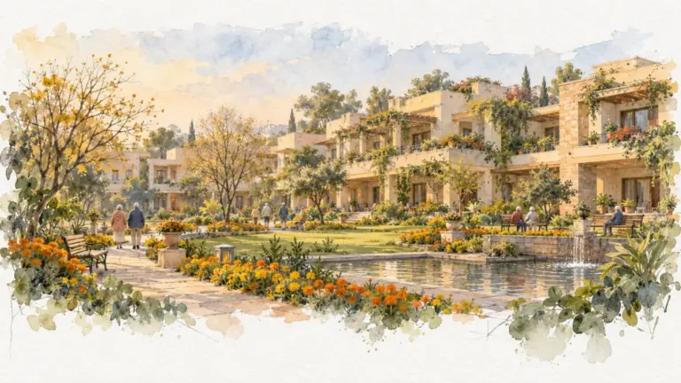 Watercolour illustration of a luxury residence with a garden, water feature and strolling residents