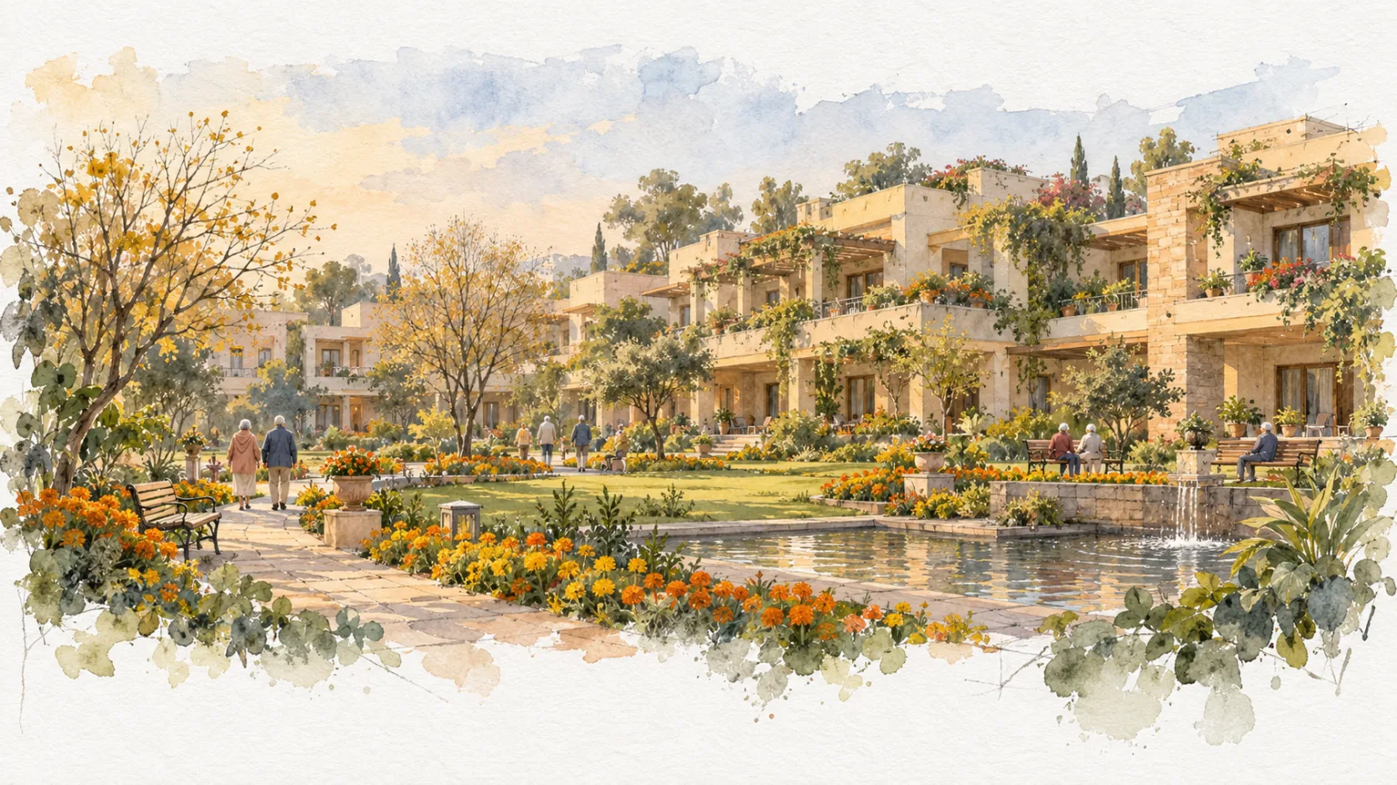 Watercolour illustration of a luxury residence with a garden, water feature and strolling residents