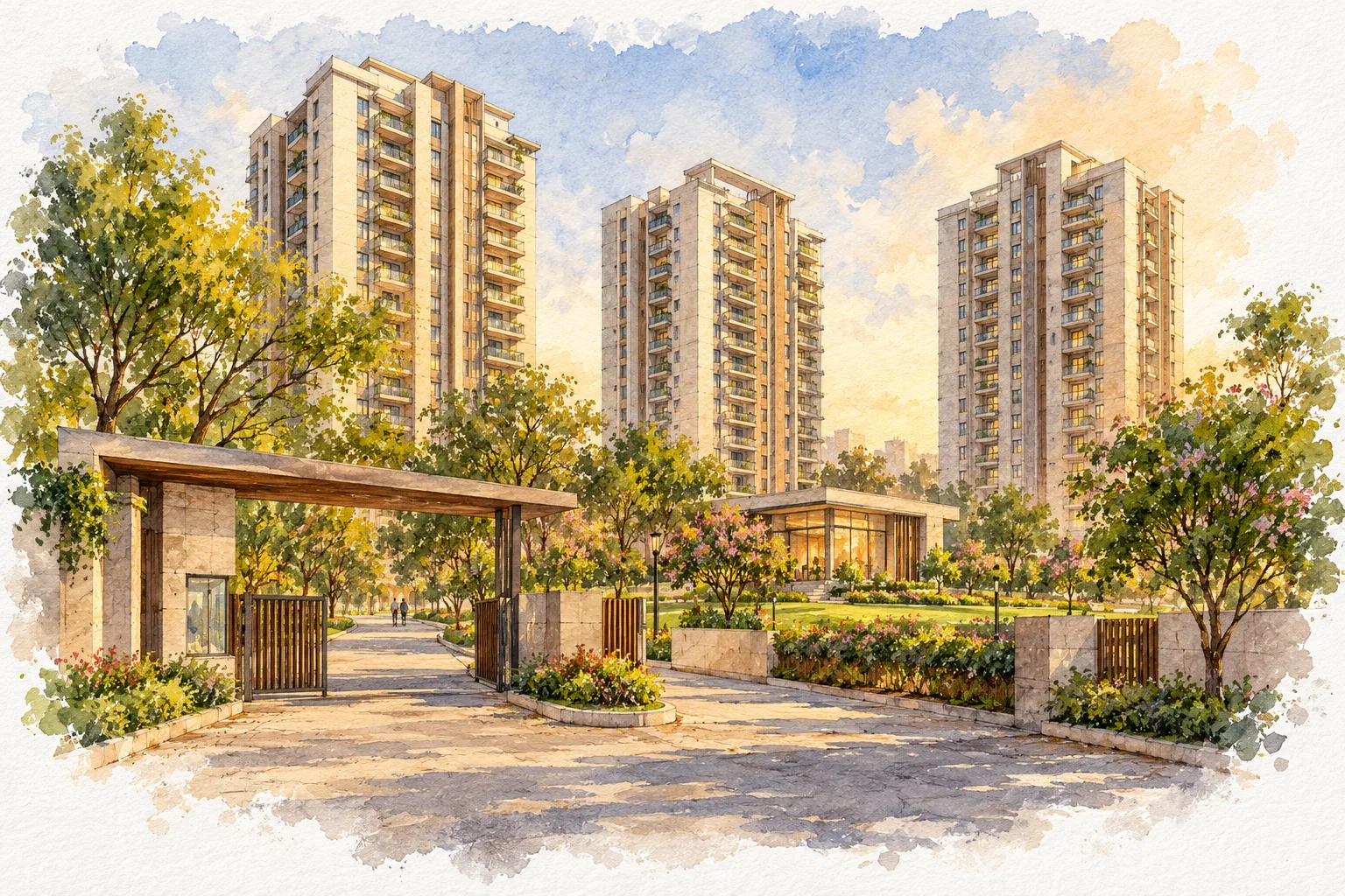 Watercolour illustration of DLF Trinity Towers (not the actual project)