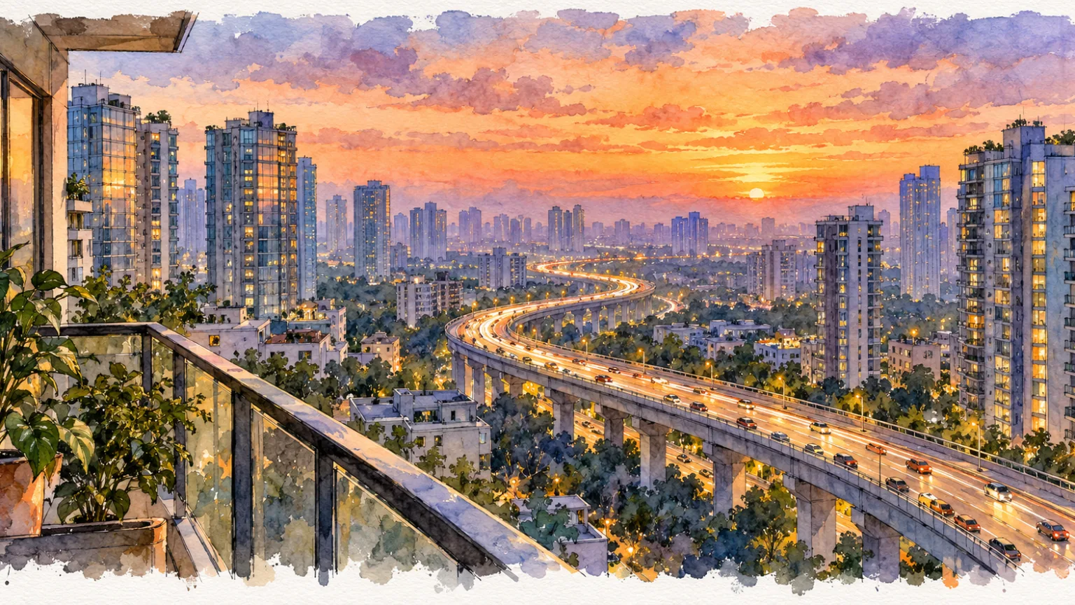 Watercolour illustration of an elevated expressway curving between towers at sunset