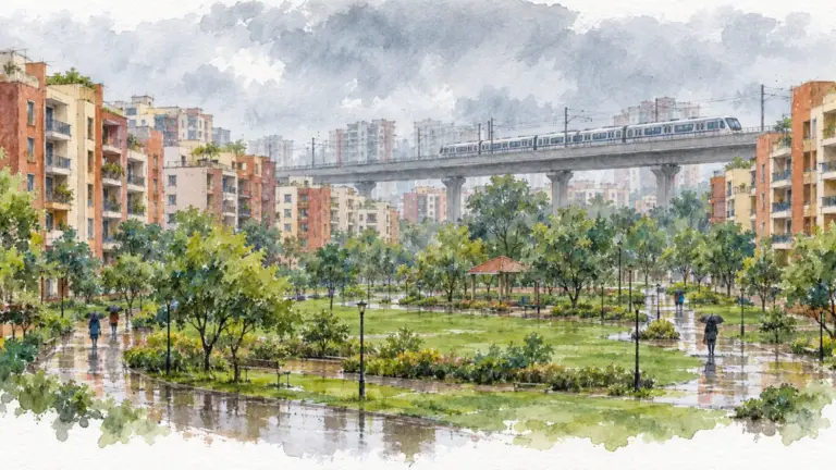 Watercolour illustration of mid-rise housing blocks around a park with a metro train behind