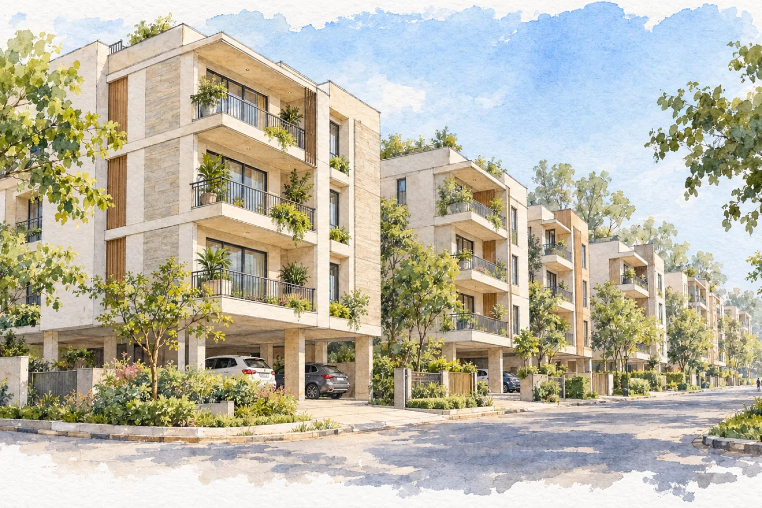 Watercolour illustration of Ekaakshara Garden Residency (not the actual project)