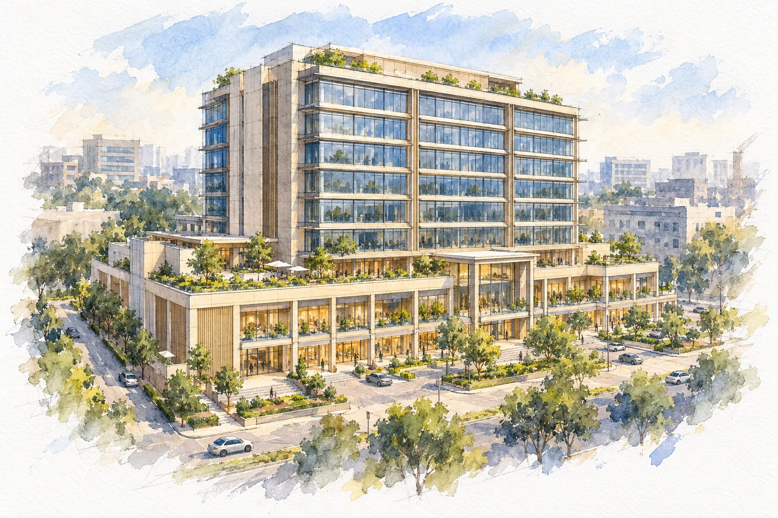 Watercolour illustration of Emaar Palm Springs Plaza (not the actual project)