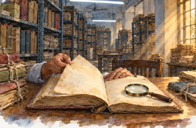 Watercolour illustration of hands turning a land register in a dusty government record room
