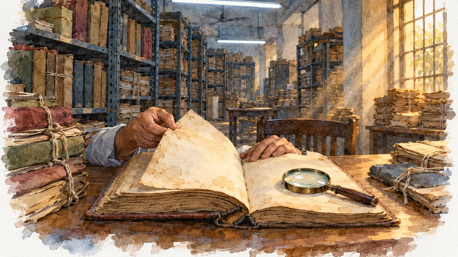 Watercolour illustration of hands turning a land register in a dusty government record room