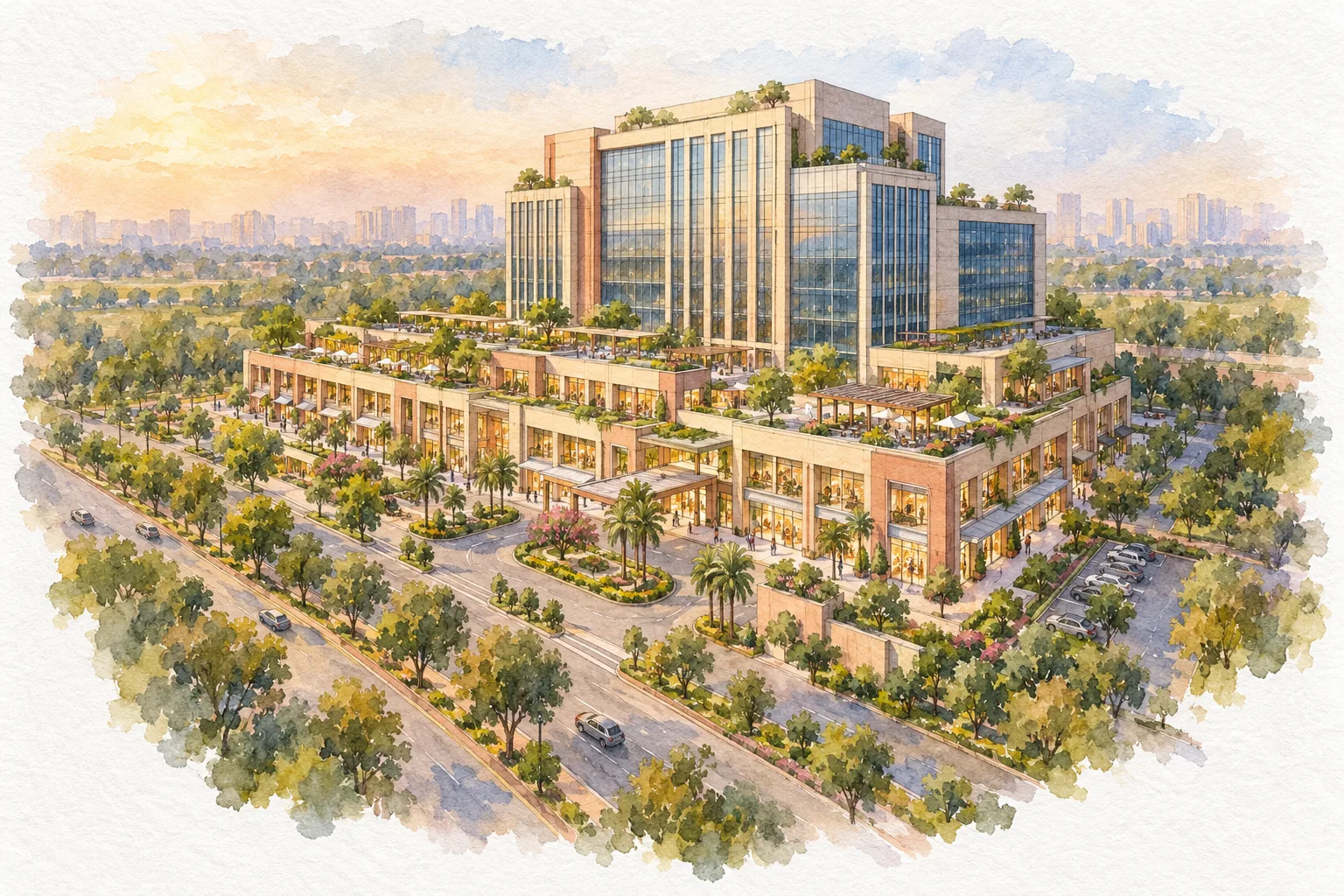 Watercolour illustration of Fairfox Eye of Noida (EON) (not the actual project)
