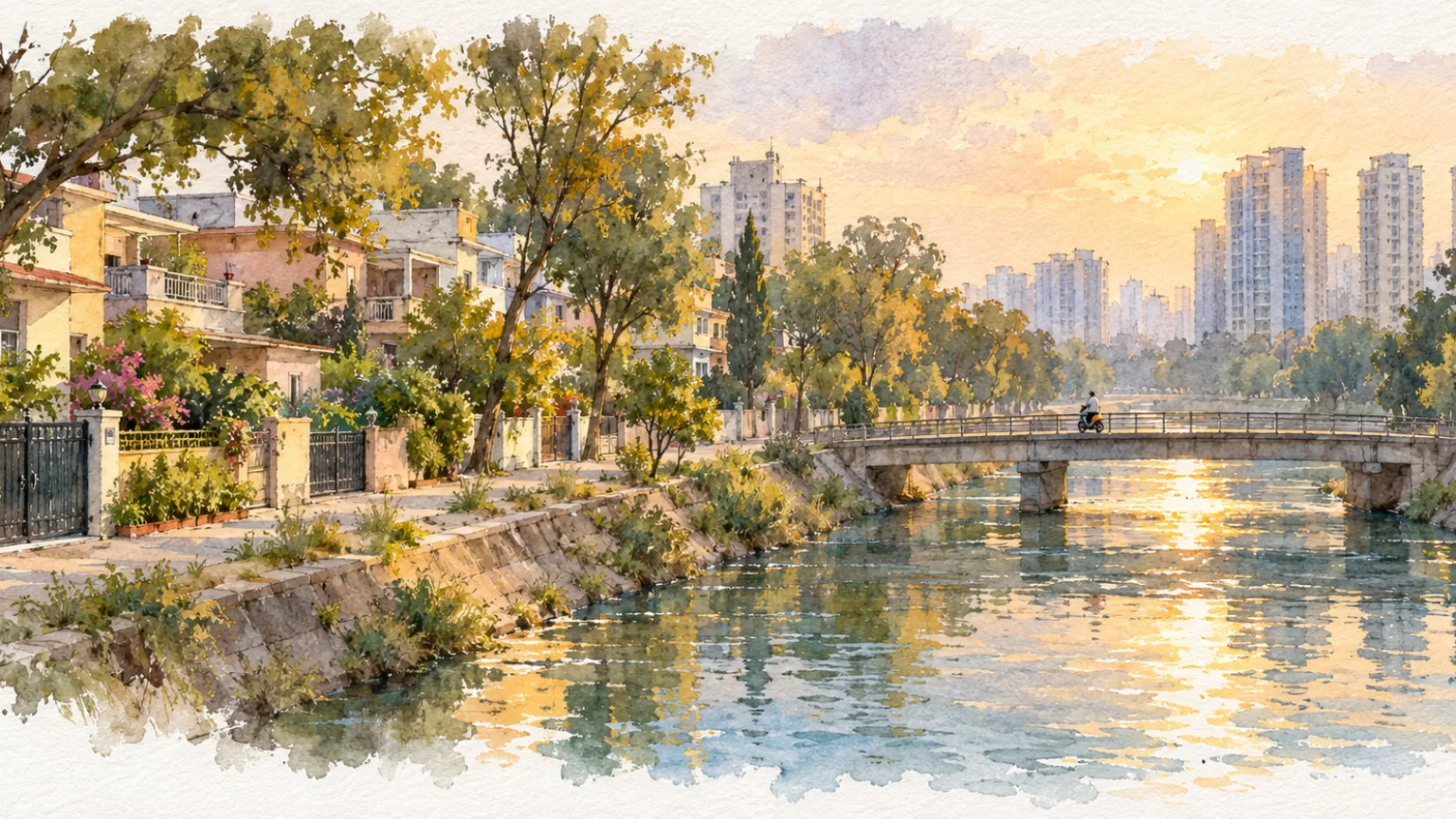 Watercolour illustration of older houses by a canal with new towers on the far bank and a scooter rider