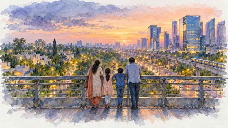Watercolour illustration of a family on a footbridge looking at a quiet suburb and glass office towers