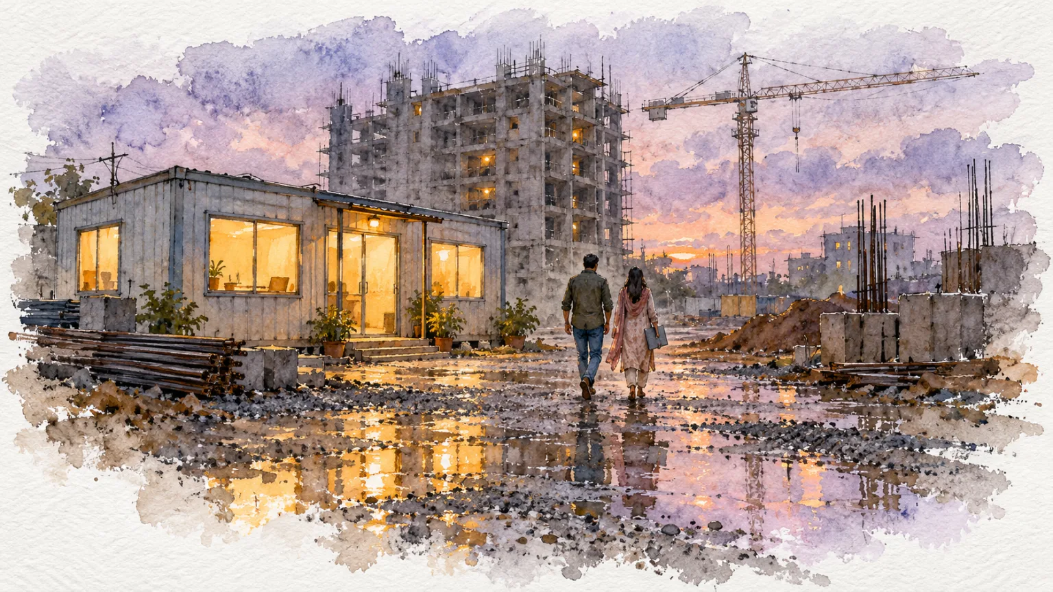 Watercolour illustration of a couple walking away from a site sales office at dusk