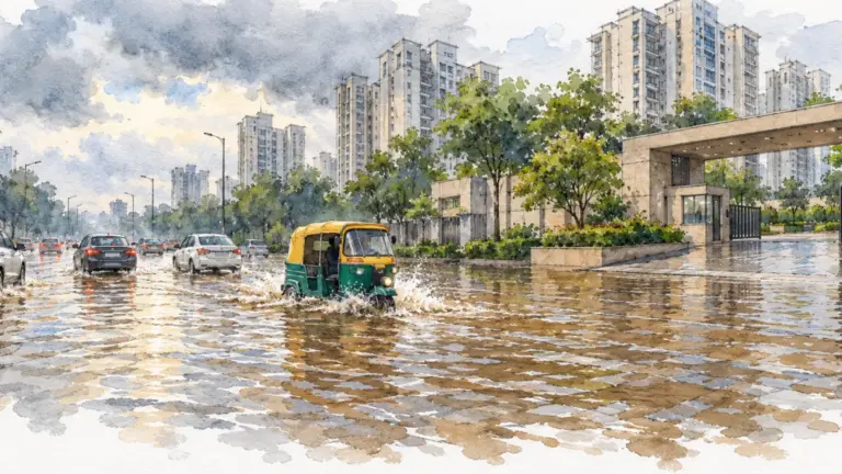 Watercolour illustration of a waterlogged sector road with cars and a raised society gate in the monsoon