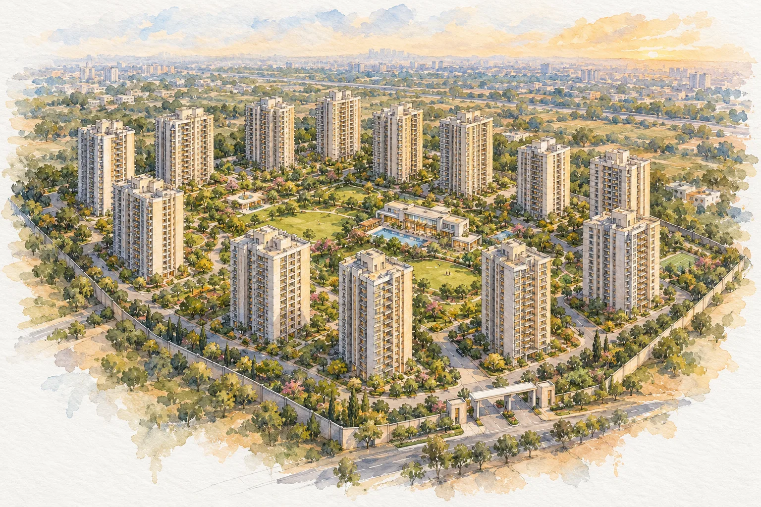 Watercolour illustration of Ganga Realty Tathastu (not the actual project)
