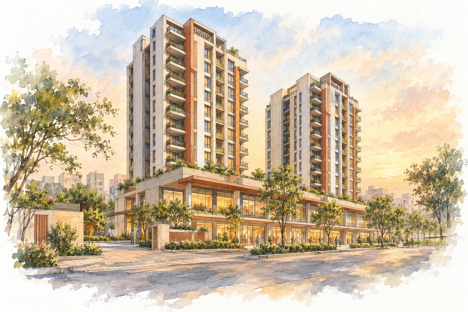 Watercolour illustration of Garg Global City Walk (not the actual project)