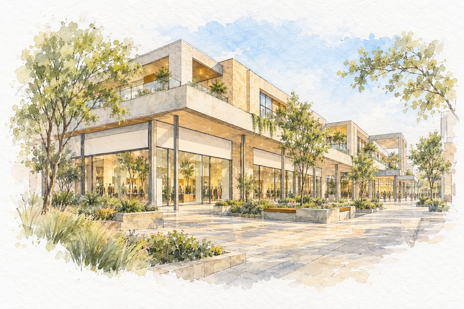 Watercolour illustration of Gateway Plaza 95 (not the actual project)
