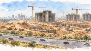 Watercolour illustration of a large construction site with cranes beside an expressway at noon