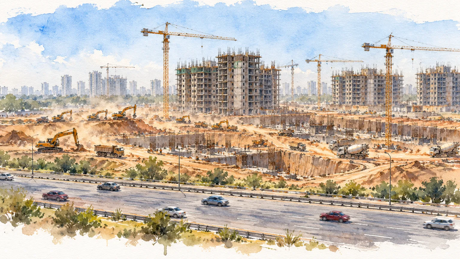 Watercolour illustration of a large construction site with cranes beside an expressway at noon
