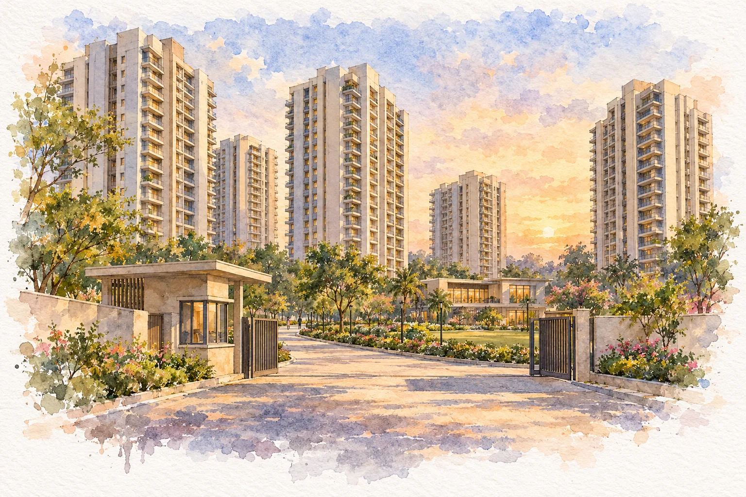Watercolour illustration of Gaur Global Village (not the actual project)
