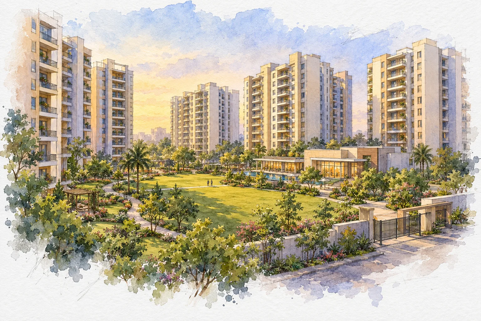 Watercolour illustration of Gaur Green City (not the actual project)