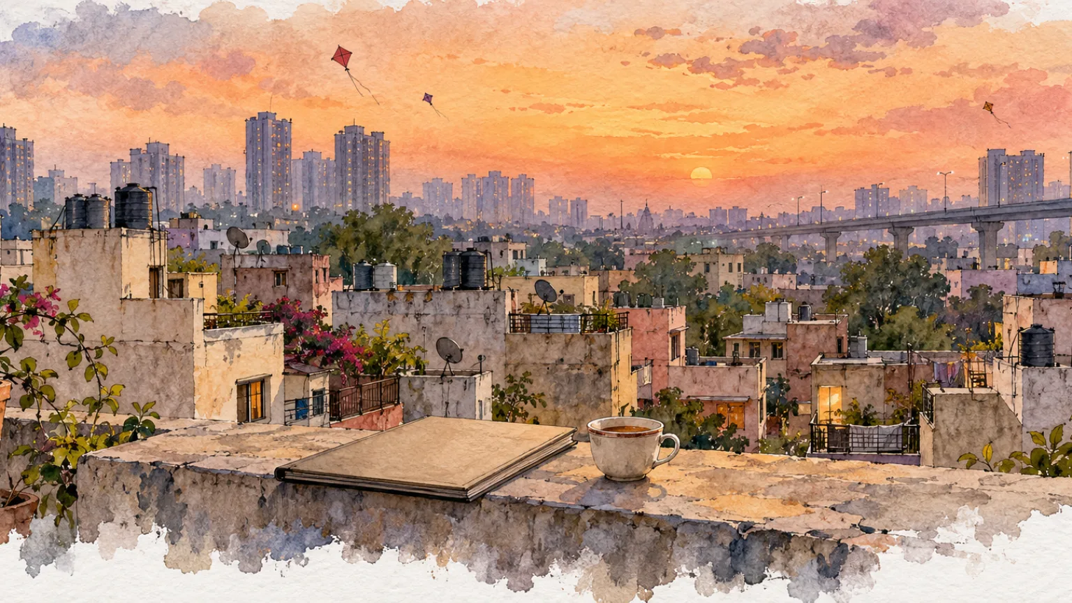 Watercolour illustration of a rooftop view over old houses and new towers at dusk