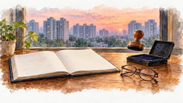 Watercolour illustration of a rubber stamp over an ink pad and open register with towers outside