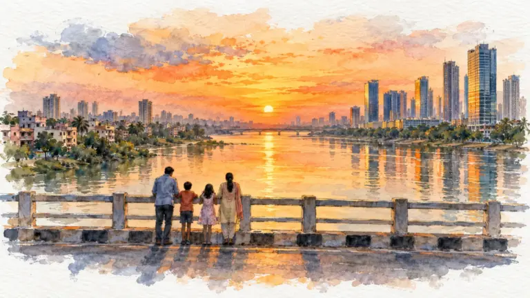 Watercolour illustration of a family on a bridge viewing two skylines across a river