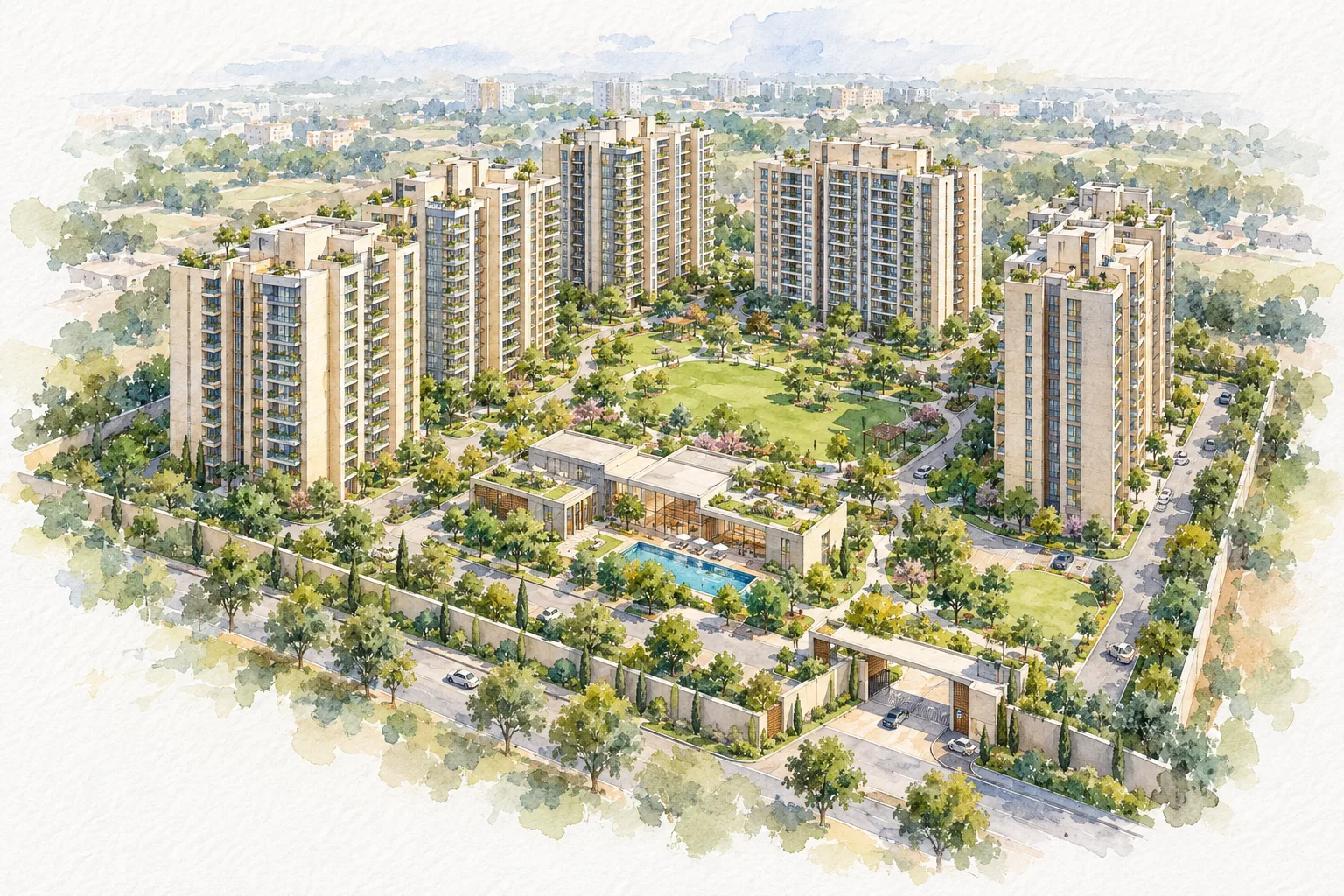 Watercolour illustration of GLS Arawali City (not the actual project)