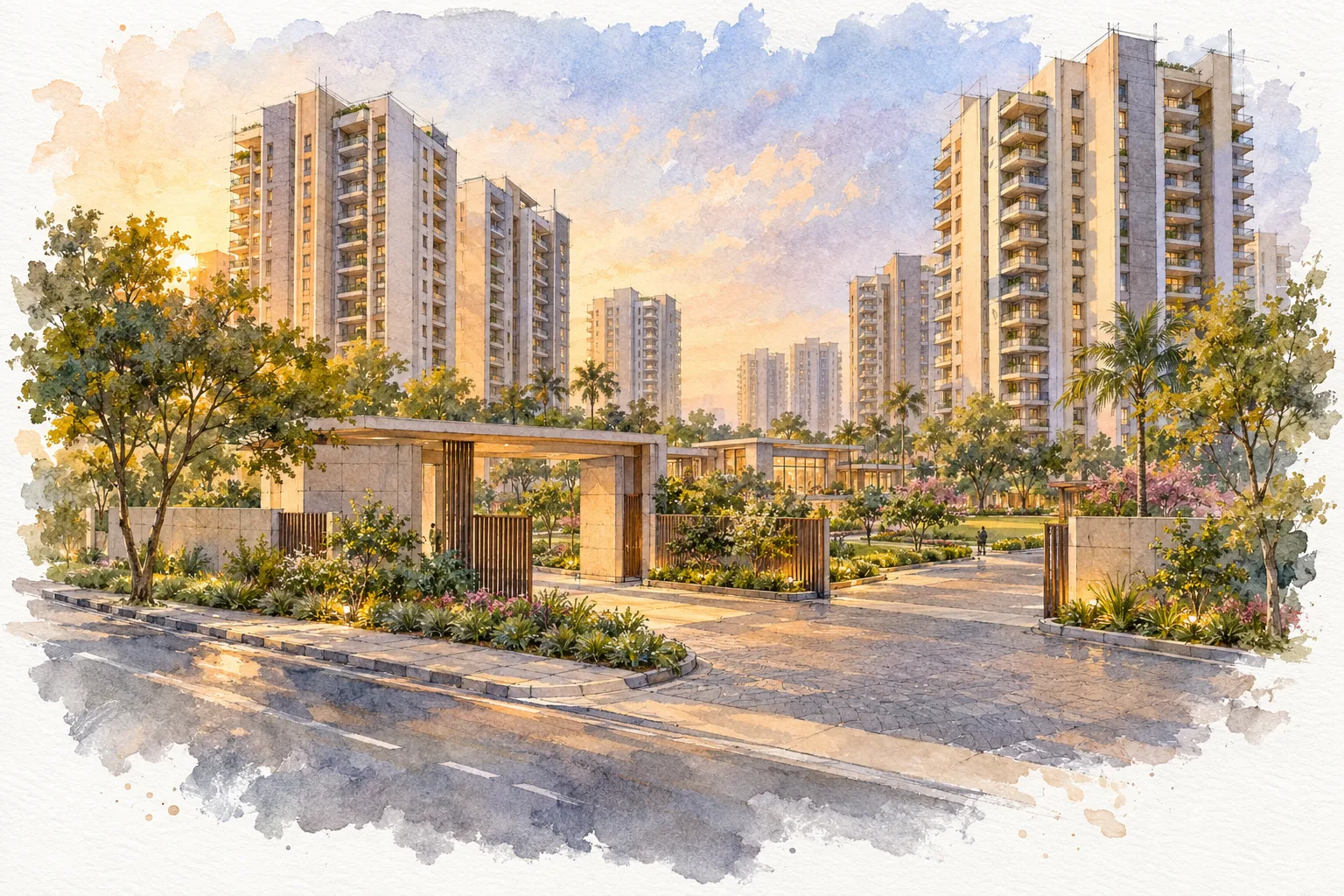 Watercolour illustration of GLS Arawali Homes (not the actual project)