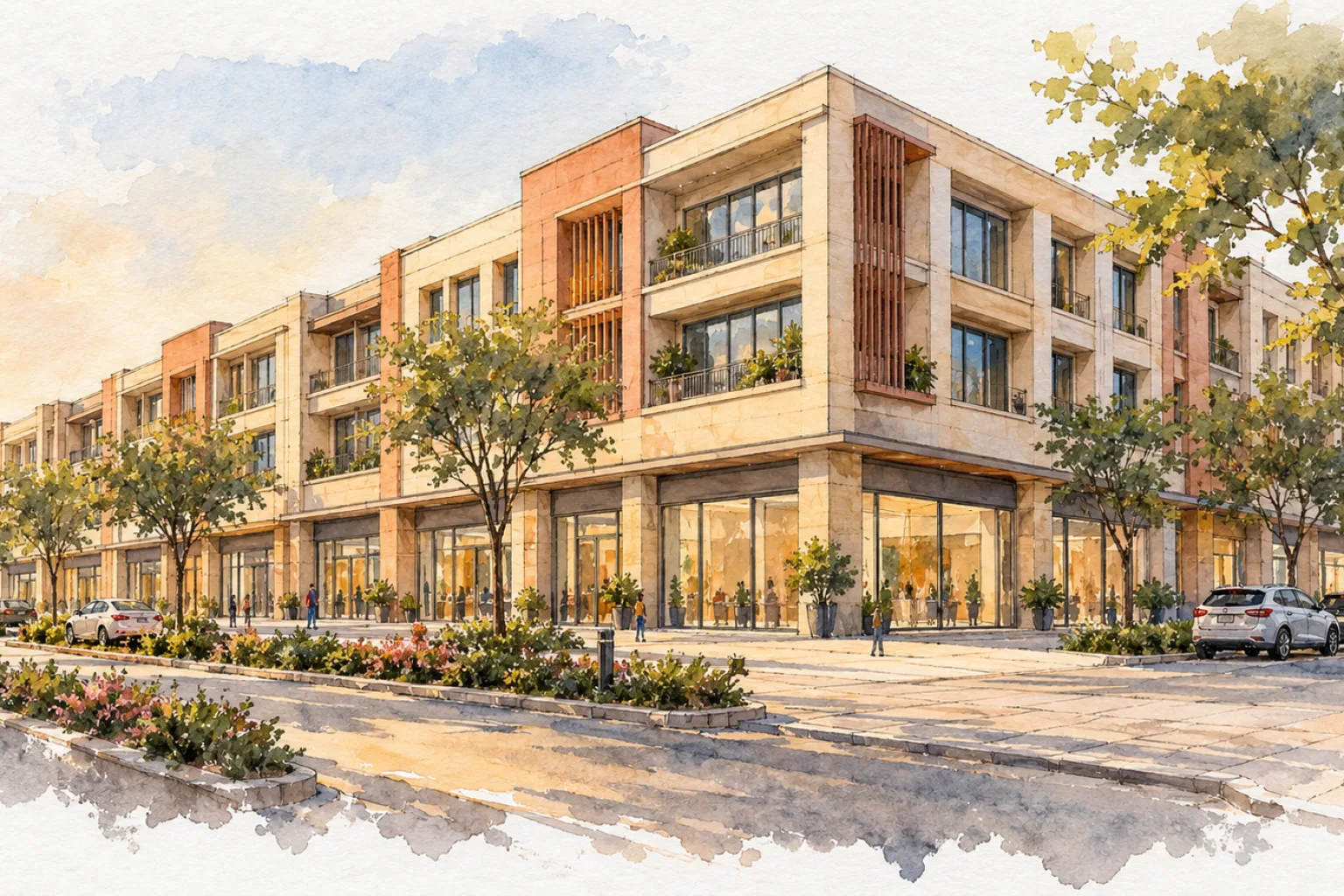 Watercolour illustration of GLS Courtyard (not the actual project)