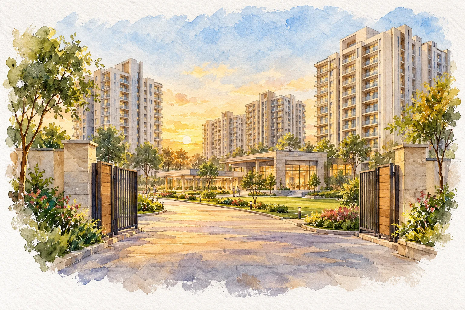 Watercolour illustration of Godrej Nature Plus (not the actual project)