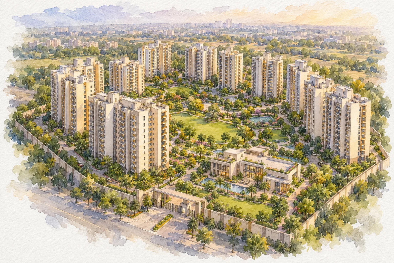 Watercolour illustration of Godrej Retreat (not the actual project)