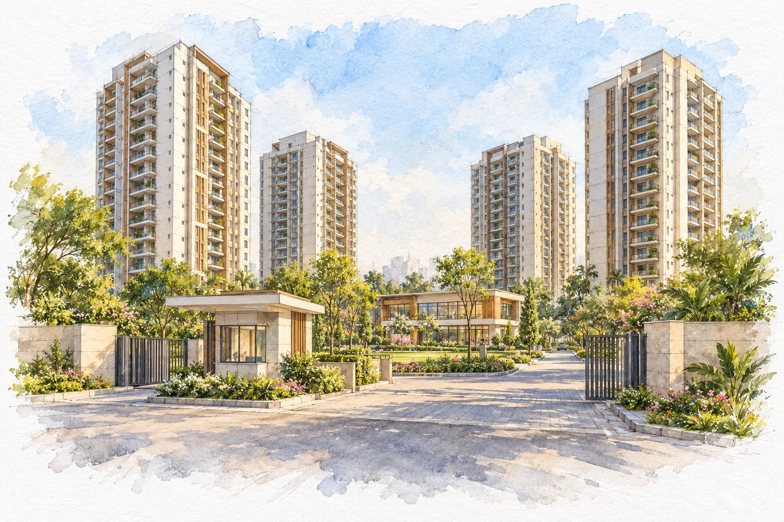 Watercolour illustration of Godrej Riverine (not the actual project)