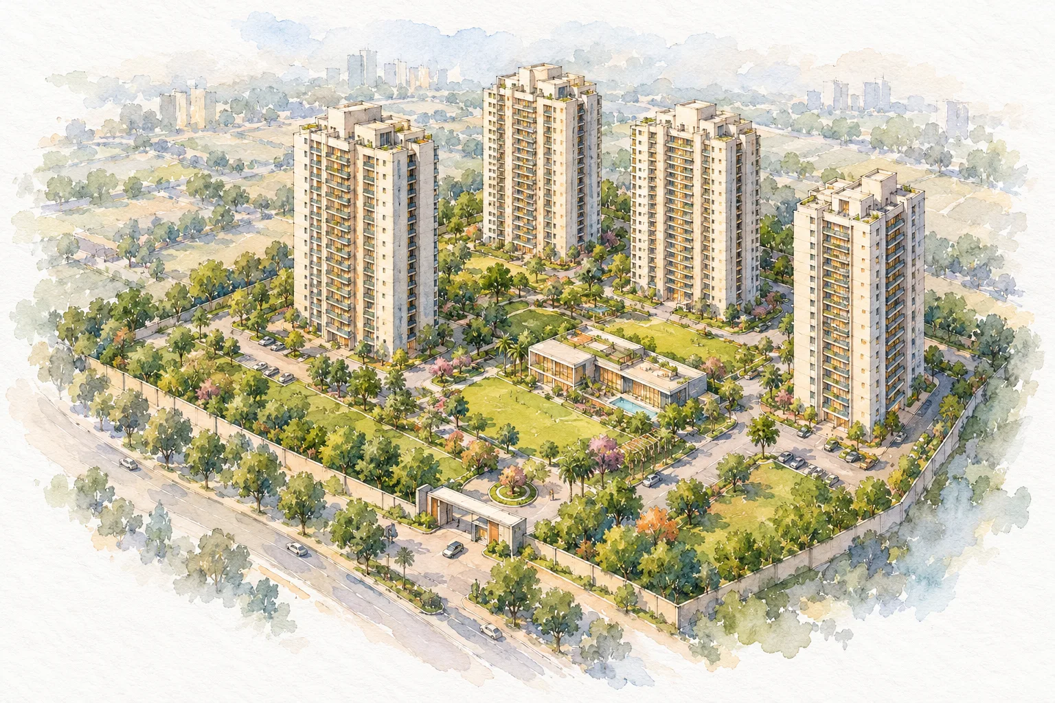 Watercolour illustration of Godrej Tropical Isle (not the actual project)