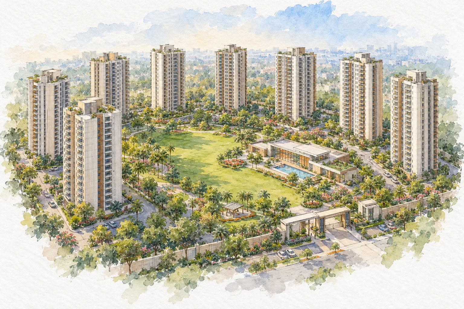Watercolour illustration of Godrej Woods (not the actual project)