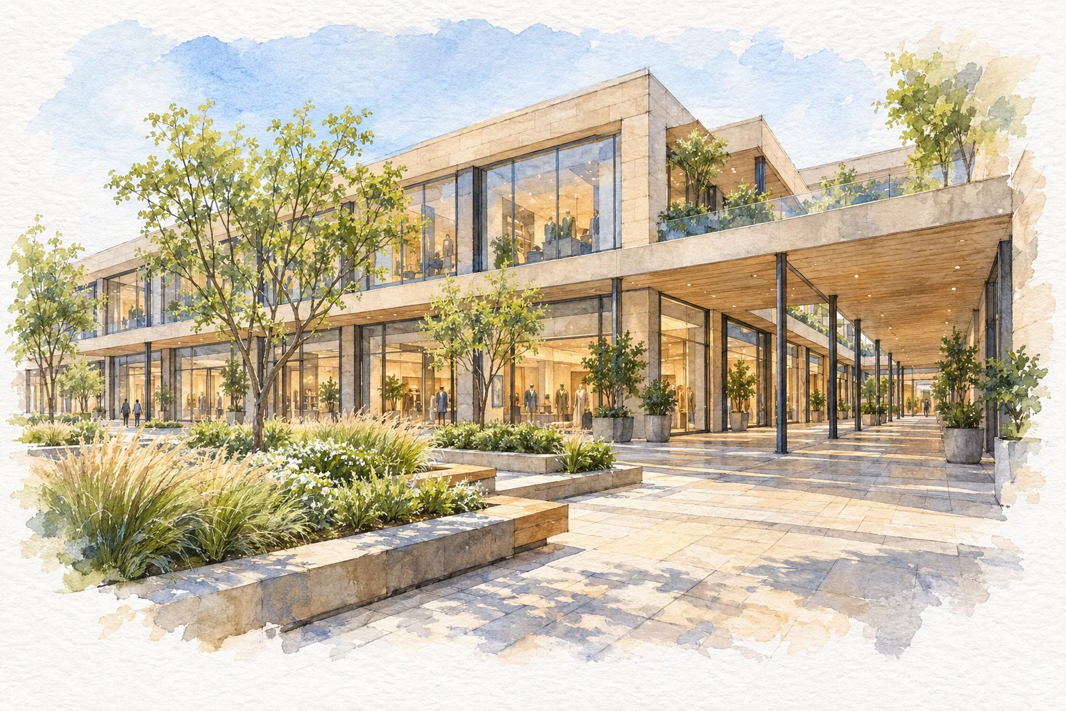 Watercolour illustration of Gold Souk Mall Gurugram (not the actual project)