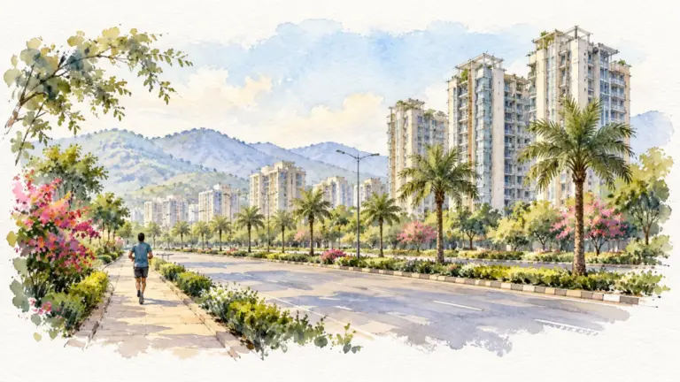 Watercolour illustration of a palm-lined boulevard past luxury towers with hills beyond