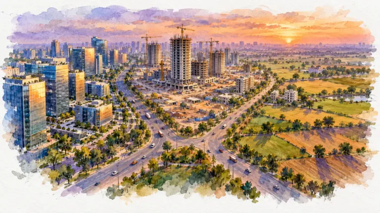 Watercolour illustration of three roads diverging toward towers, construction and farmland at sunset