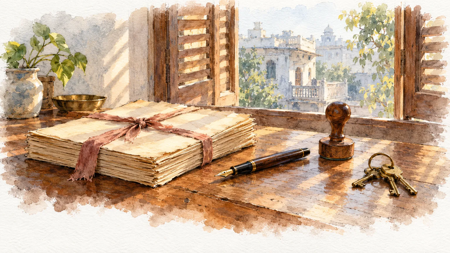 Watercolour illustration of old tied papers, a pen, a rubber stamp and keys on a teak desk