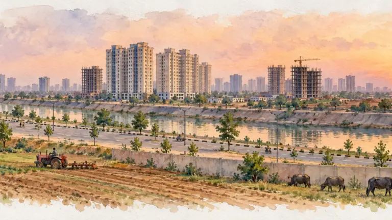 Watercolour illustration of new towers along a canal with a tractor and grazing buffalo at dusk