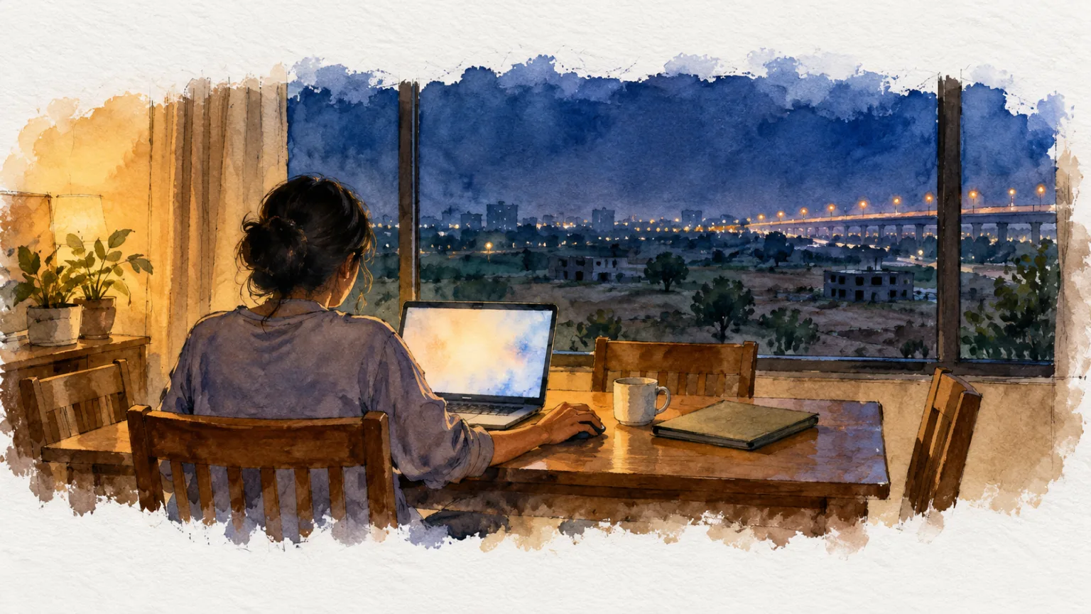 Watercolour illustration of a person bidding on a laptop late at night
