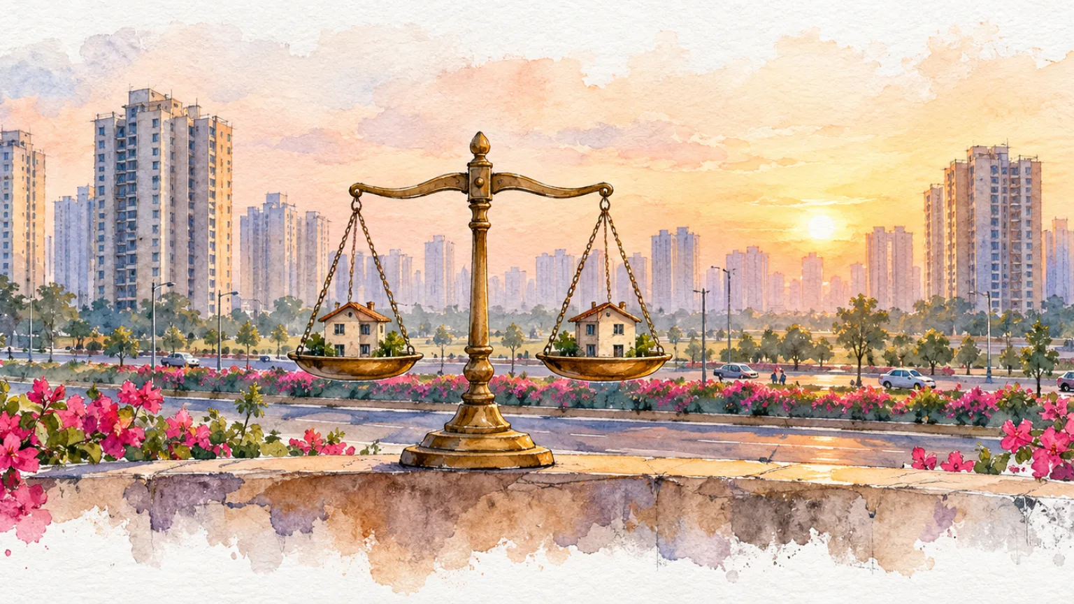 Watercolour illustration of brass scales weighing two small model houses before high-rise towers