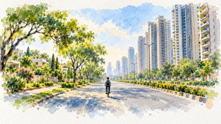 Watercolour illustration of leafy low sectors on one side of a road and dense high-rises on the other