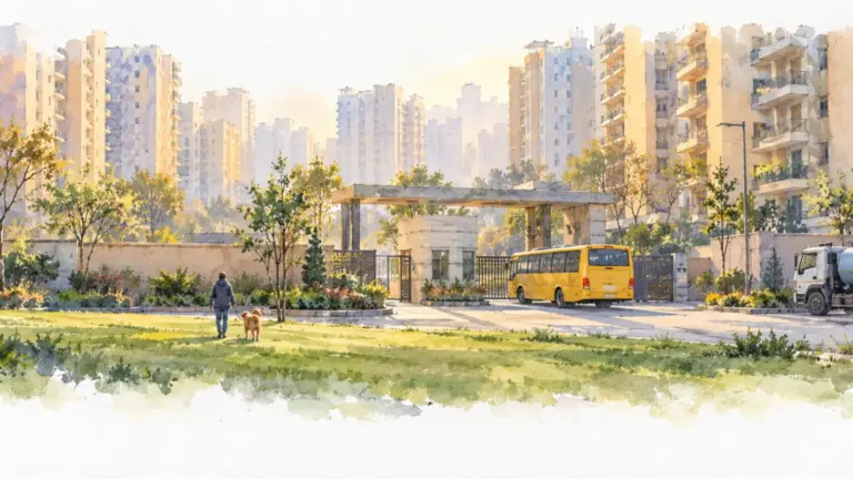 Watercolour illustration of a school bus, water tanker and morning walker at a high-rise society