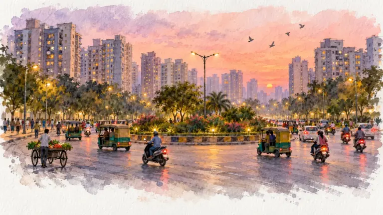 Watercolour illustration of a busy roundabout at dusk ringed by high-rise towers